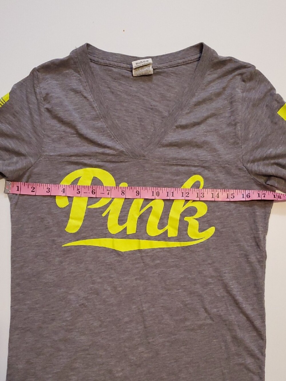 PINK Victoria's Secret Heather Gray V-Neck Tee with Neon Yellow Logo - Picture 8 of 10